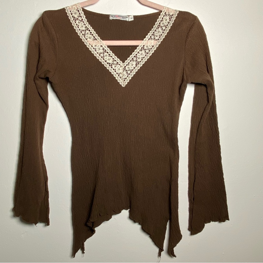 Y2K Coquette Younique Brown Crinkle Long Sleeve White Lace Handkerchief Hem S